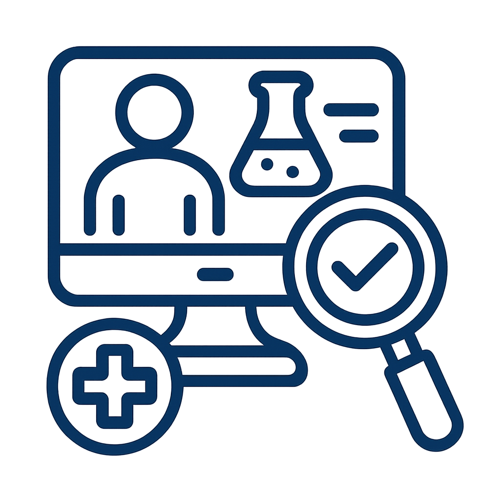 lineart lineart an icon using thick line work and the color 094c8b and clear It will depict clinical trial monitoring  Do NOT use words letters or num